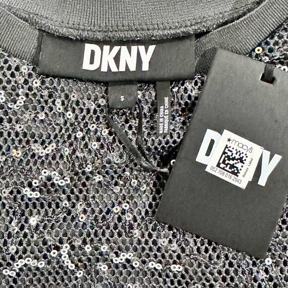 DKNY NWT Sequin Mesh Overlay Crewneck Top Gunmetal Grey Small Dolman Sleeves - Picture 9 of 16